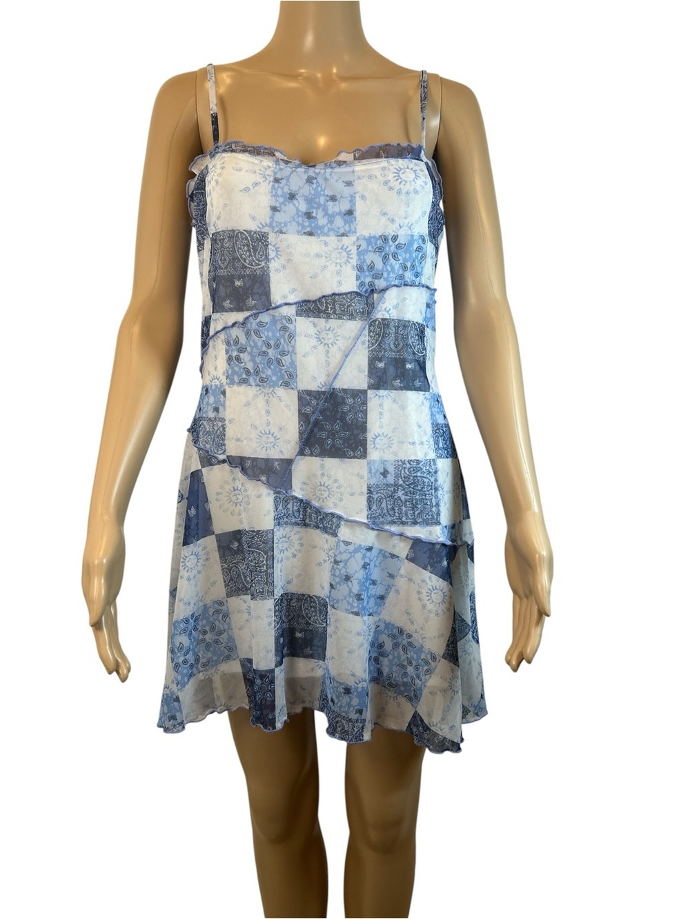 Urban Outfitters Moxie Mesh Blue & White Patchwork Slip Mini Dress size M